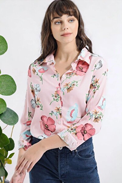 NEW LAVİVA Γυναικείο μακρυμάνικο πουκάμισο σε μοντέρνο ροζ στυλ με λουλούδια