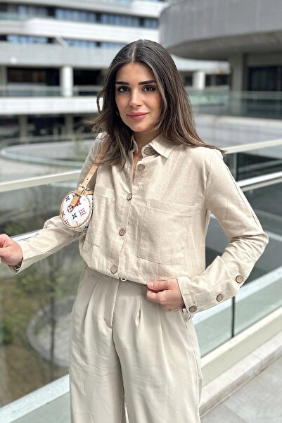 NEW LAVİVA Beige Women's Tunic Shirt - Long Sleeve, Wooden Button Detail, Pleated Back, Loose and Long Cotton