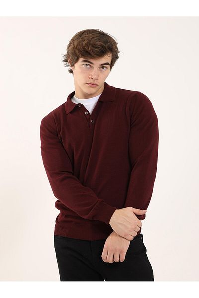 Dufy Claret Red Men's Slim Fit Plain Classic Polo Neck Sweater - 91137