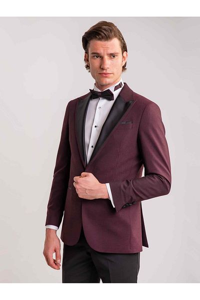 Dufy Claret Red Men's Modern Fit Striped Mono Collar Tuxedo Suit - 61321