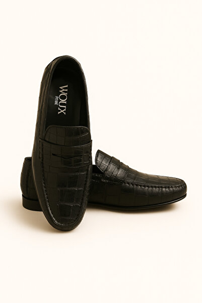 Deriderim Black Crocodile Patterned Genuine Leather Men's Shoes