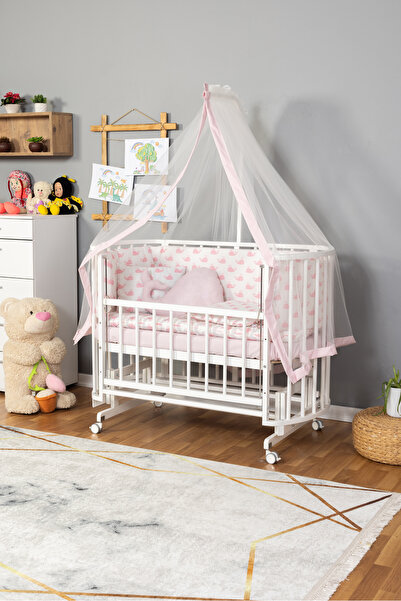 Bamgidoo Ahşap Beşik Anne Yanı Bebek Beşik Beyaz 60x120 Pembe Balina Uyku Set...