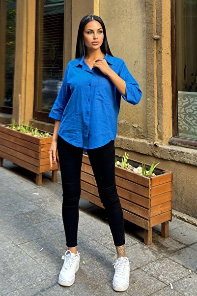 NEW LAVİVA Cămașă largi din in Saks cu mâneci trei sferturi, croială ovală, anti-transpirație