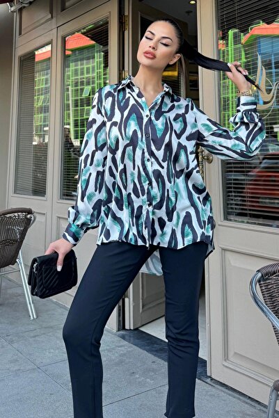 NEW LAVİVA Yeşil Saten Desenli Klasik Salaş Gömlek