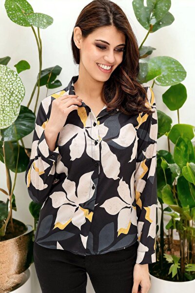 NEW LAVİVA Kadın Siyah Çiçek Desenli Polyester Gömlek - Uzun Kol, Düz Kesim, ...