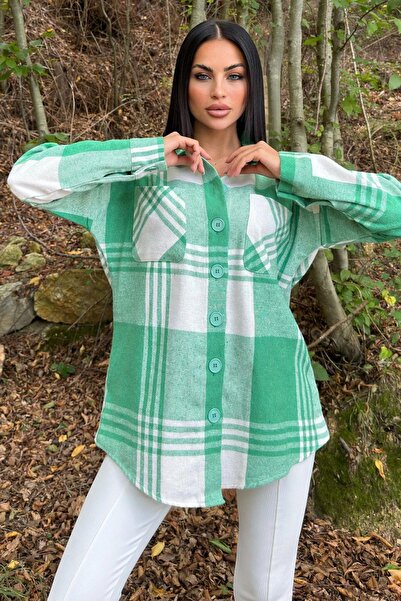 NEW LAVİVA Cămașă verde cu buzunar dublu, model în carouri, potrivire confortabilă, ștampilă lejeră