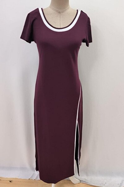 Mossta Round Neck Slit Viscose Dress - Burgundy