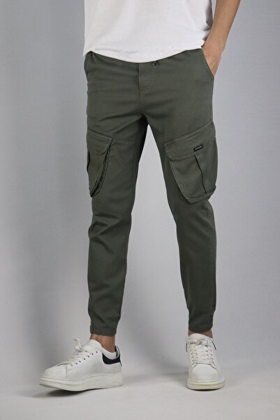 inpool Men's Cotton Elastic Waist Cargo Trousers with Elastic Leg Detail