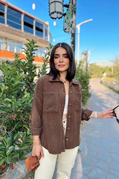 NEW LAVİVA Dámská hnědá s dlouhým rukávem, dvojitá kapsa, oválný střih se sukní, sako značky Stamp