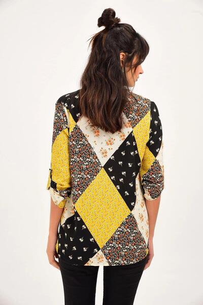 NEW LAVİVA Kadın Sarı Klasik Yaka, Uzun Kol, Patchwork Desenli, Regular Kesim, Standart Boy Gömlek