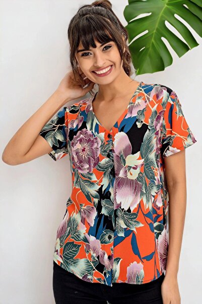 NEW LAVİVA Women's Purple Floral Print Short Sleeve Shirt (Solid Fit, Standar...