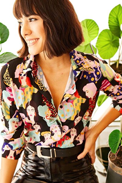 NEW LAVİVA Γυναικείο μαύρο πουκάμισο με κλασικό μοτίβο πέτο με μακρύ μανίκι μ...