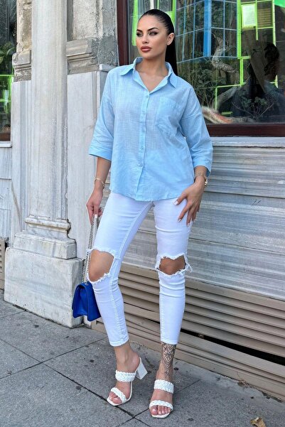 NEW LAVİVA Μπλε λινό φαρδύ πουκάμισο - μανίκι τριών τετάρτων, οβάλ κοπή, λάμψη, κατά του ιδρώτα