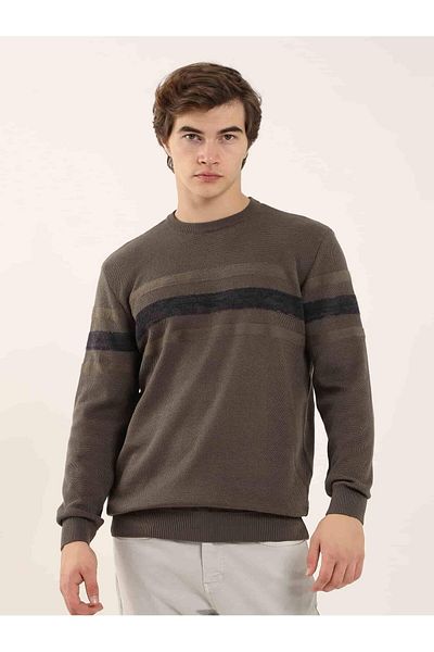 Dufy Khaki Men's Slim Fit Striped Crew Neck Sweater - 90599