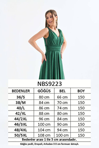 Neşeli Butik Dámské tylové smaragdově zelené večerní šaty s výstřihem do V Nbs9223