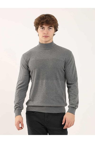 Dufy Gray Melange Men's Regular Fit Patterned Stand Collar Knitwear - 90649