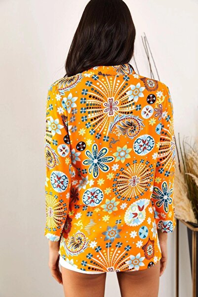 NEW LAVİVA Cămașă portocalie clasică pentru femei, cu model floral multicolor - mânecă lungă, croială normală și lungime standard