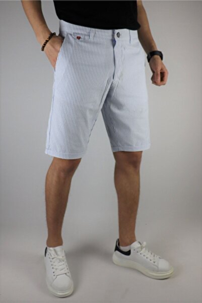 inpool Men's White Blue Slim Fit Seersucker Striped Casual Stretch Shorts with Side Pockets