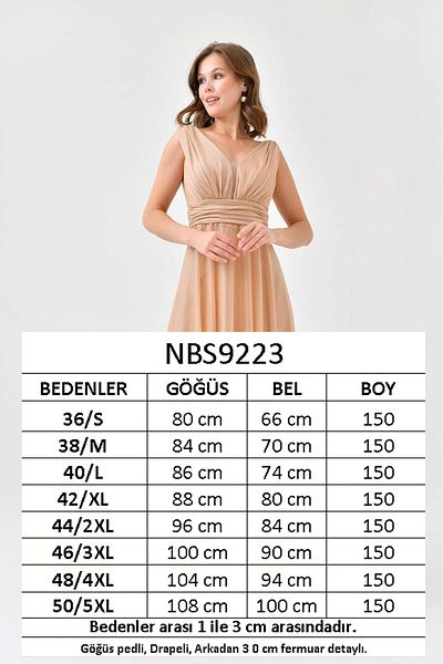 Neşeli Butik women's gold v-neck silvery tulle evening dress NBS9223