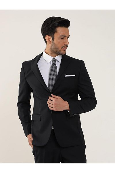 Dufy Men's Slim Fit Navy Blue Mono Collar Suit - 90127