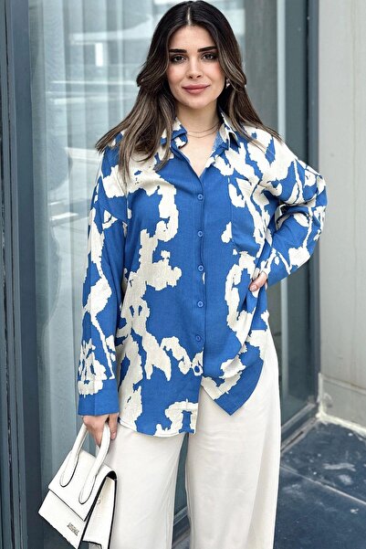 NEW LAVİVA Cămașă de damă Indigo cu mânecă lungă, plisată la spate, drapaj largi, din viscoză