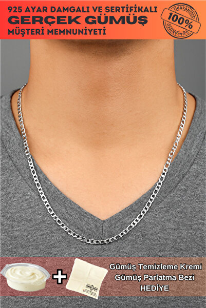 OSMANLI GÜMÜŞ 2mm 925 Ayar Gümüş Erkek Kadın Kolye Figaro Model Zincir