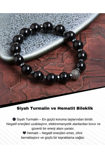Saff Doğal Taş Sertifikalı Siyah Turmalin ve Hematit Bileklik