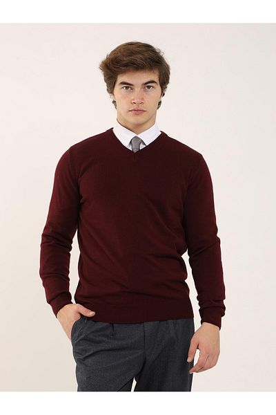 Dufy Claret Red Men's Slim Fit Plain Classic V-Neck Knitwear - 91117