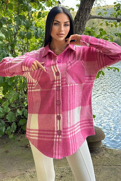 NEW LAVİVA Fuchsia Double Pocket, Plaid Pattern, Comfortable Fit, Loose Stamp Shirt