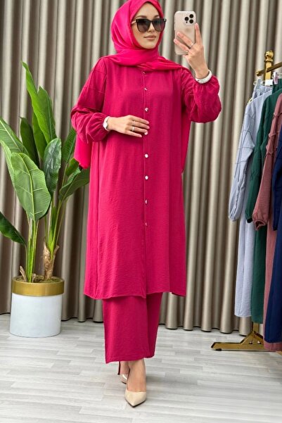 Mercan AYÇA TAKIM Fuşya Düğmeli Tesettür Tunik Pantolon Takım Aerobin Kumaş R...