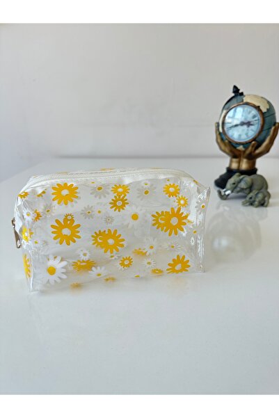SENEM DESİGN Çok Amaçlı Papatya Desenli Şeffaf Makyaj Çantası Ve Kalemlik