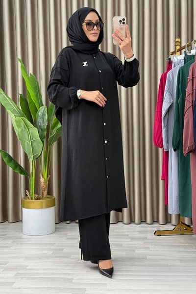 Mercan Ayça Set Black Button Hijab Tunic Trousers Set Aerobin Fabric Relaxed Fit