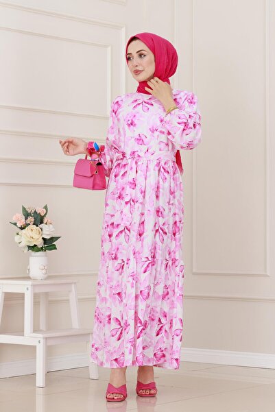 Sevitli Φόρεμα Lina με λουλούδια με ζώνη-ροζ