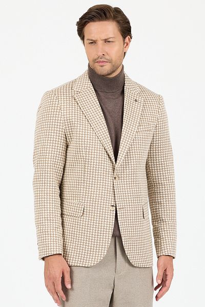 Frappoli Remos Men's Beige Houndstooth Patterned Stretching Fabric Mono Collar Sports Blazer Jacket