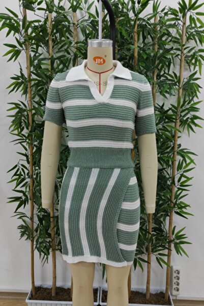 Mossta Polo Neck Crop Knitwear Skirt Double Set - Green