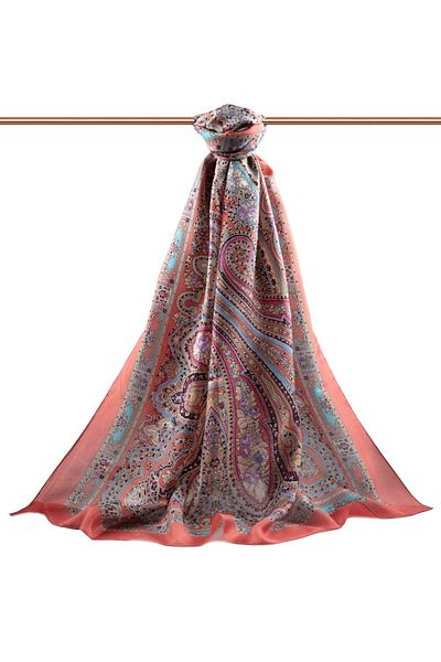 Vissona 100% Silk Etro Patterned Orange Colored 92X210 Shawl