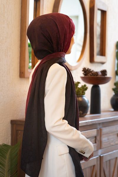 Vissona 57% Silk 43% Cotton Gradient Patterned Claret Red - Black Colored Shawl - 70X190 Stitching Type Italian Stitch