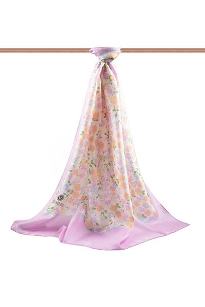 Vissona 100% Silk Crispy Flower Patterned Pink Colored 92X210 Shawl