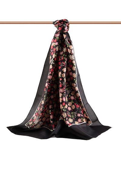 Vissona 100% Silk Crispy Flower Patterned Black - Burgundy Colored 92X210 Shawl