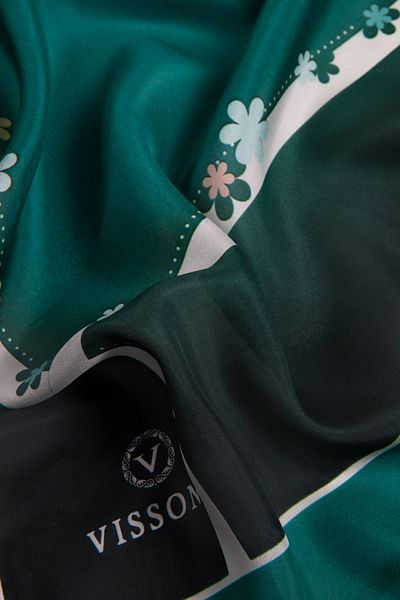 Vissona 100% Silk Flower Patterned Petrol Green Colored 92X210 Shawl