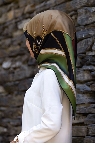 Vissona 100% Twill Silk Baroque and Geometric Patterned Khaki - Beige Colored 90X90 Scarf Sewing Shape: Hand Sewing