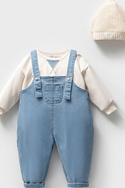 MixMax Bebe Baby Girl 3-Piece Denim Salopet Ecru Set