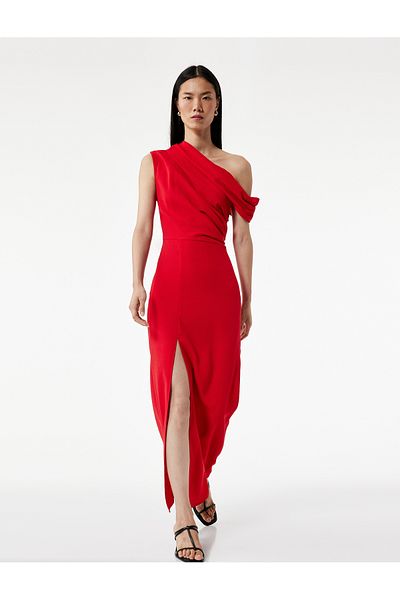 Koton Crepe Fabric Asymmetrical Cut Draped Slit Midi Length One Shoulder Dress