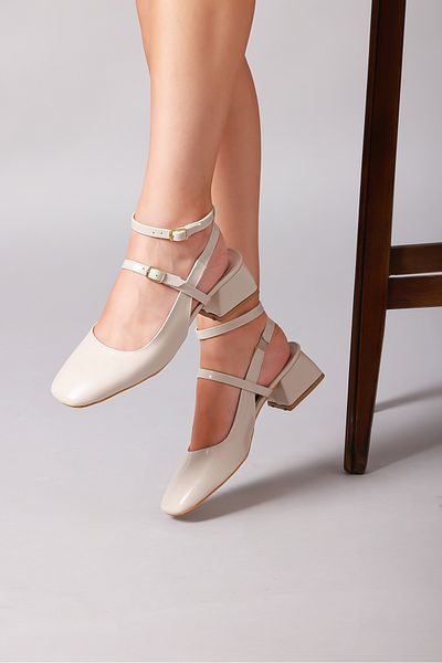 buğrahayalin Women's Mary Jane Patent Leather Open Back Square Toe Double Buckle Short Block Heeled Shoes