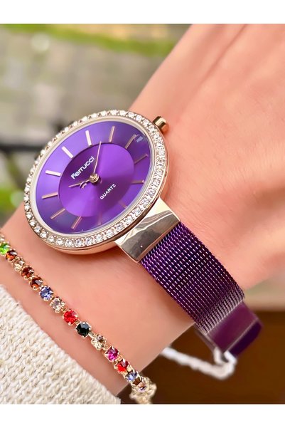 Ferrucci Women's Wristwatch 2 Years Warranty Waterproof Steel Cord Purple Color Original Product