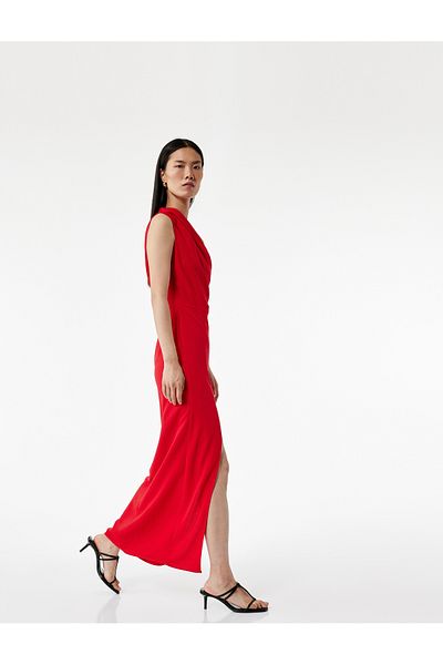 Koton Crepe Fabric Asymmetrical Cut Draped Slit Midi Length One Shoulder Dress
