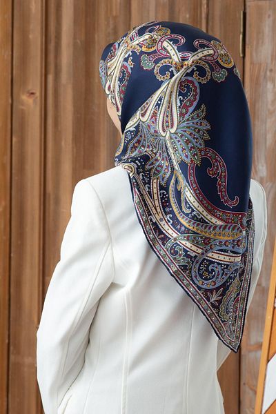Vissona 100% Twill Silk Shawl Patterned Navy Blue Colored 90X90 Scarf Sewing Shape: Hand Sewing