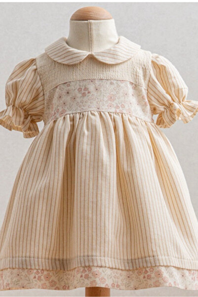 Tongs Baby Kız Bebek Bej Çizgili Peter Pan Yaka Elbise - Zarif ve Rahat %100 ...