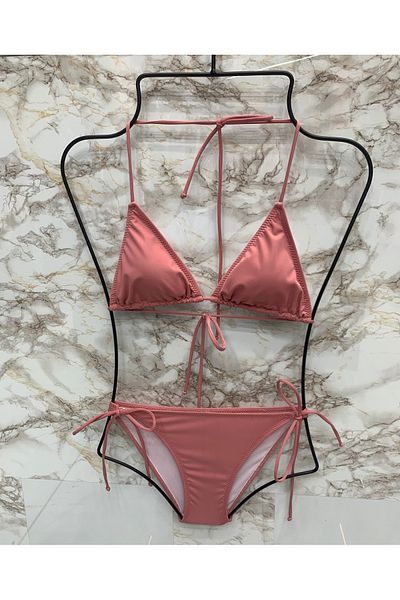 XORVİO Women's Lycra Flexible Side and Neck Tie Stylish Drawstring Triangle Roseberry Bikini Set