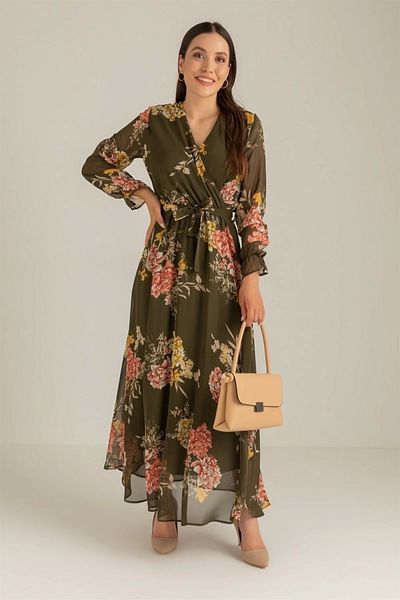 azra moda Long Yellow Floral Chiffon Dress - Khaki
